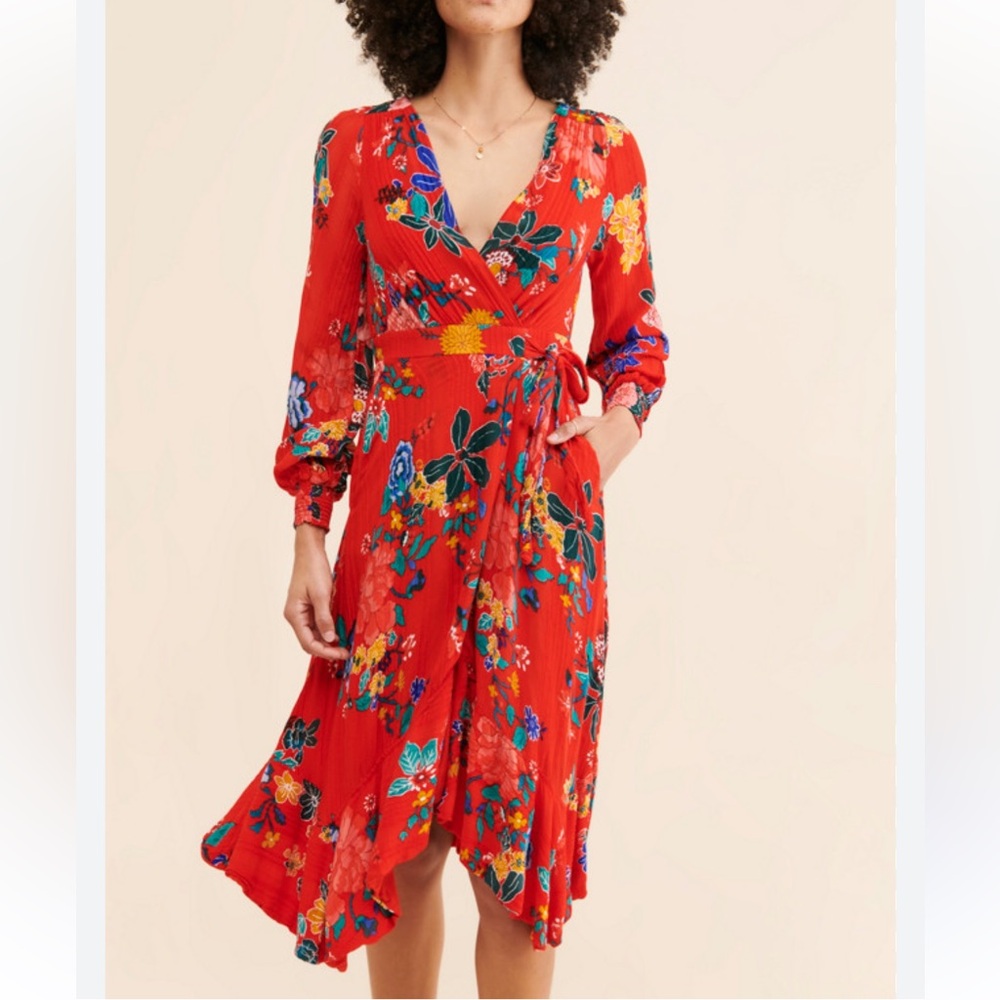Anthropologie Boswell Wrap Dress Red Floral Midi Surplice Long Sleeves Pockets-2